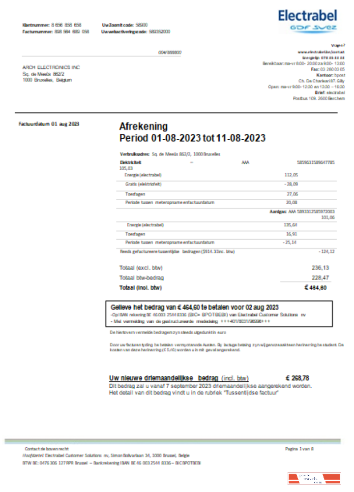 Electrabel SA electricity utility business bill, SCR PSD template